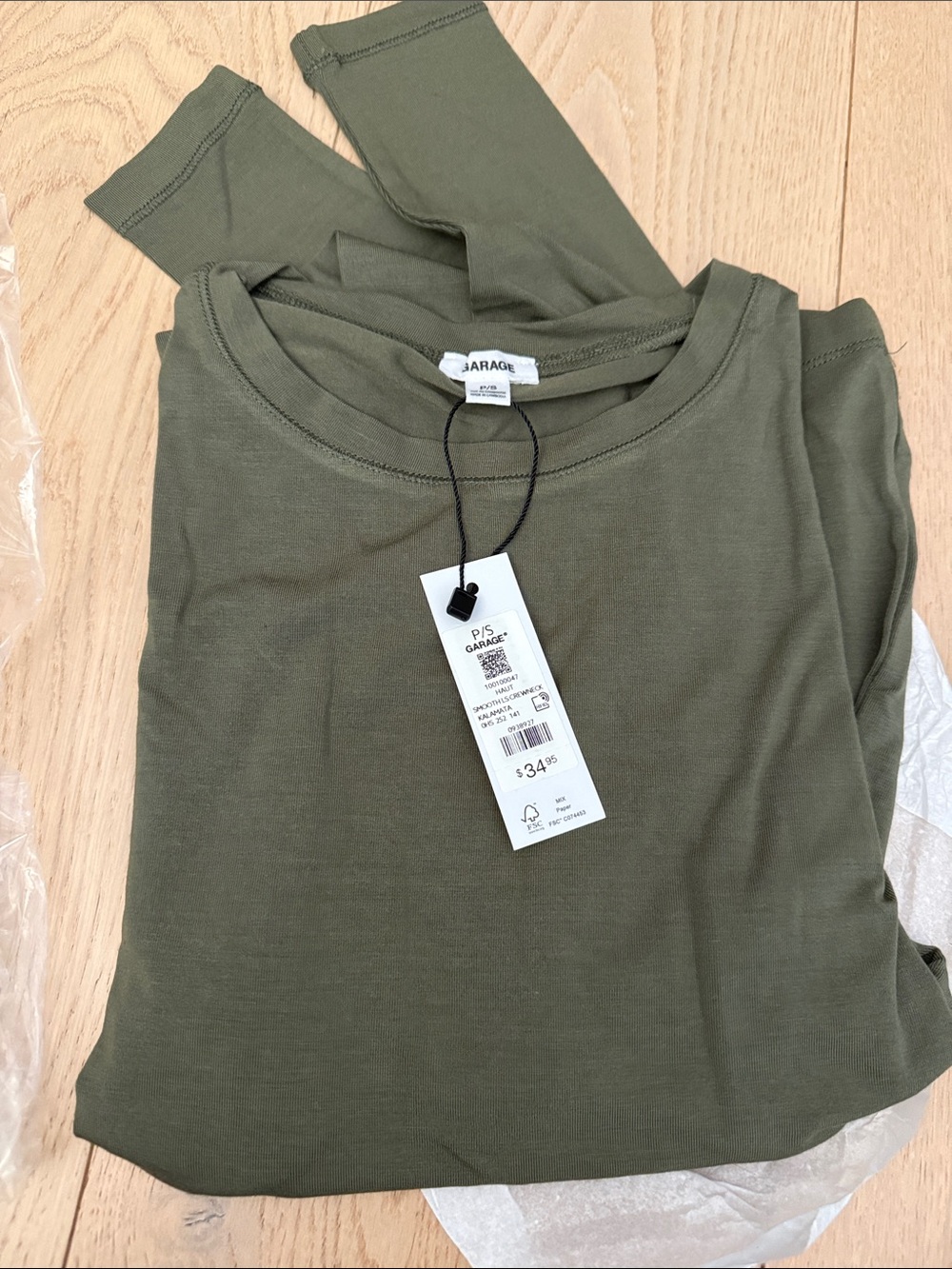 New Garage Olive Green Long Sleeve Crew Tee